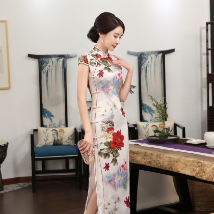 Polyester Satin White Lover Maxi Cheongsam 1059-01 Polyester Satin White Lover Maxi Cheongsam 1059-01