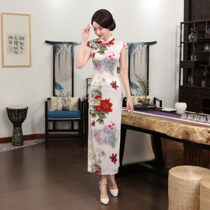 Polyester Satin White Lover Maxi Cheongsam 1059-01 Polyester Satin White Lover Maxi Cheongsam 1059-01