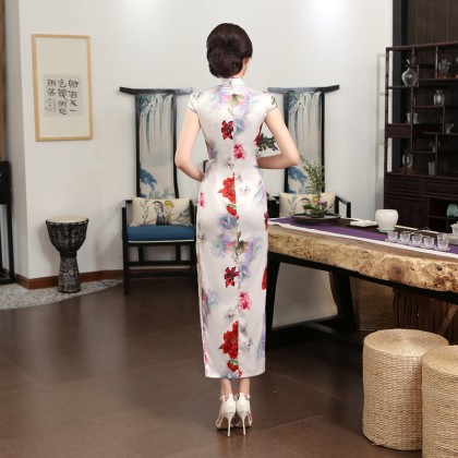 Polyester Satin White Lover Maxi Cheongsam 1059-01 Polyester Satin White Lover Maxi Cheongsam 1059-01