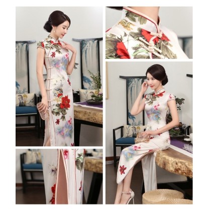 Polyester Satin White Lover Maxi Cheongsam 1059-01 Polyester Satin White Lover Maxi Cheongsam 1059-01