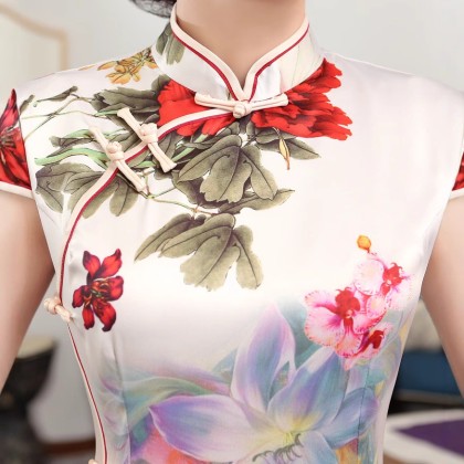 Polyester Satin White Lover Maxi Cheongsam 1059-01 Polyester Satin White Lover Maxi Cheongsam 1059-01