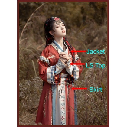 Hanfu Long Sleeve Jacket Red Maxi Skirt 3-PC Set 10005-29 Hanfu Long Sleeve Jacket Red Maxi Skirt 3-PC Set 10005-29